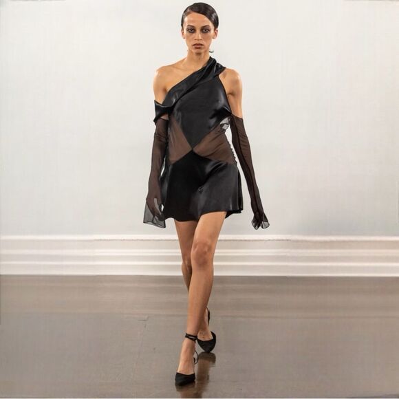 Maximilian Dresses & Skirts - Maximilian Davis Nightfall Draped Asymmetric Dress Black Runway 22 Satin Size XS